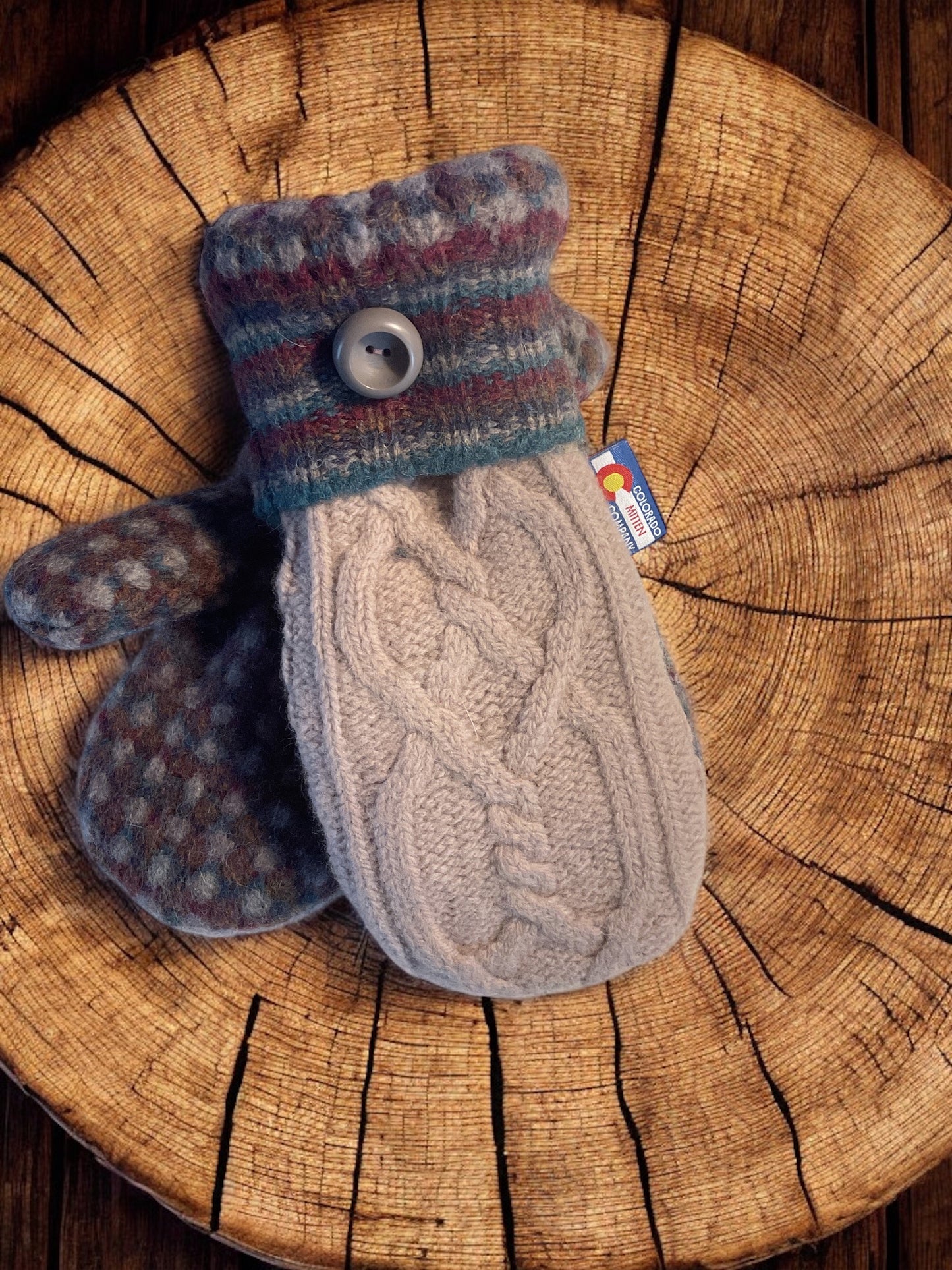 Women's Large Mittens Mauve with Striped Cuff