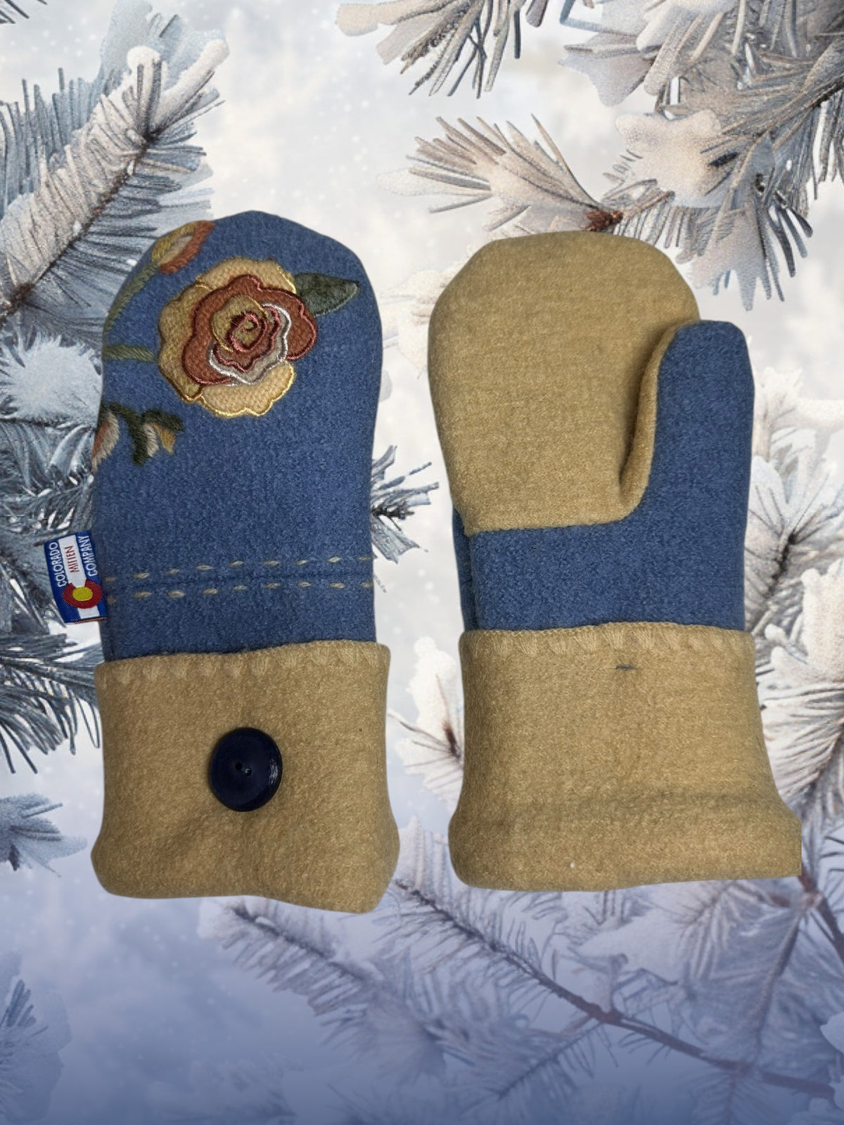Women's Large Mittens Blue/Tan Embroidered