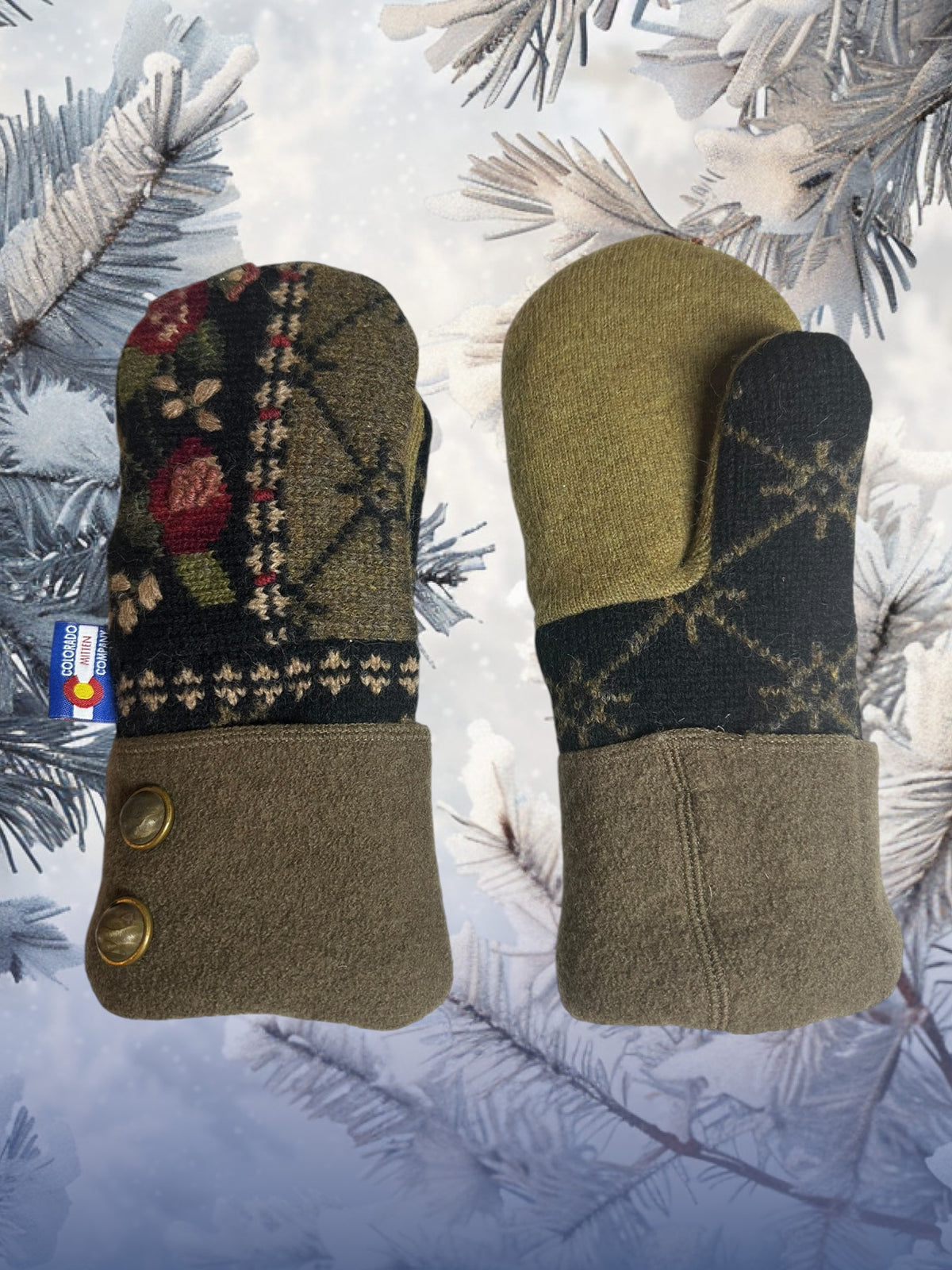 Women's Large Mittens Green/Black Embroidered