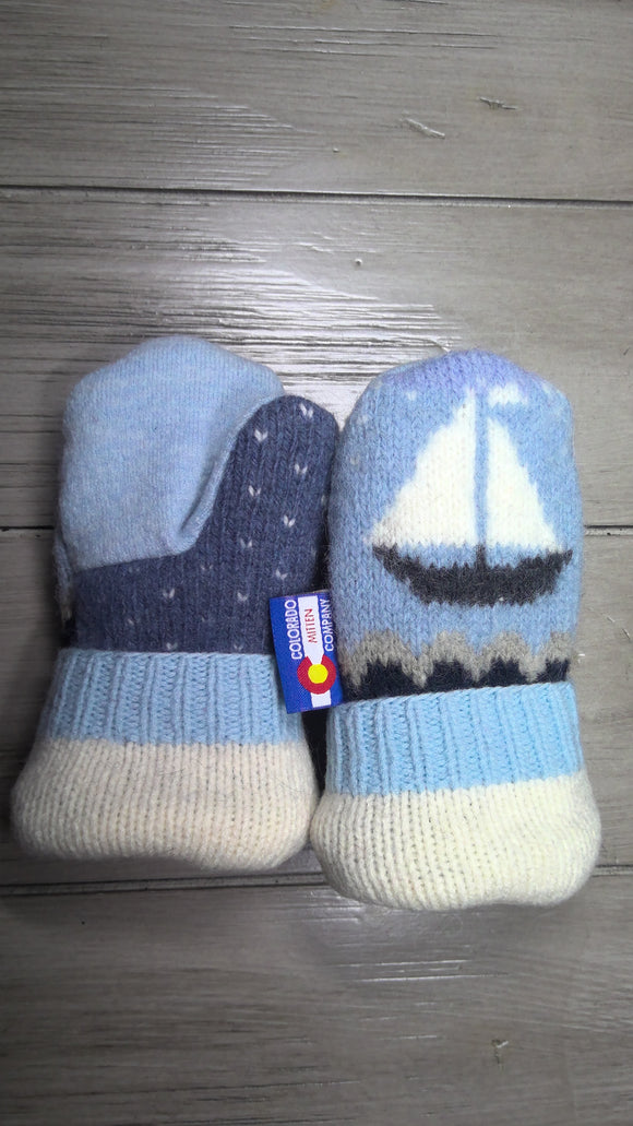 Toddler Mittens  Blue with Sailboat