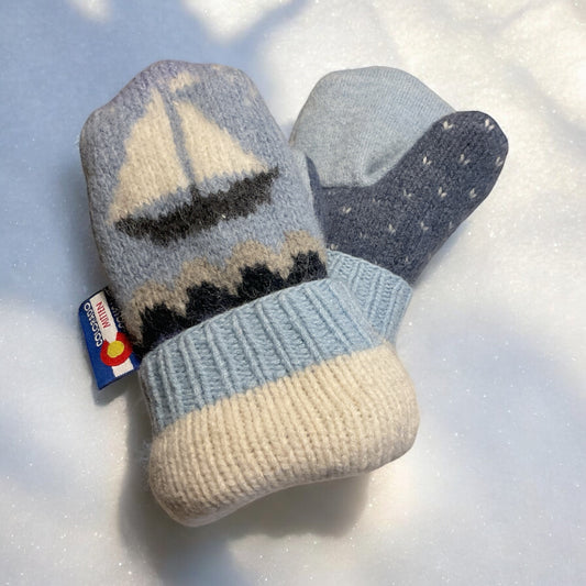 Toddler Mittens  Blue with Sailboat