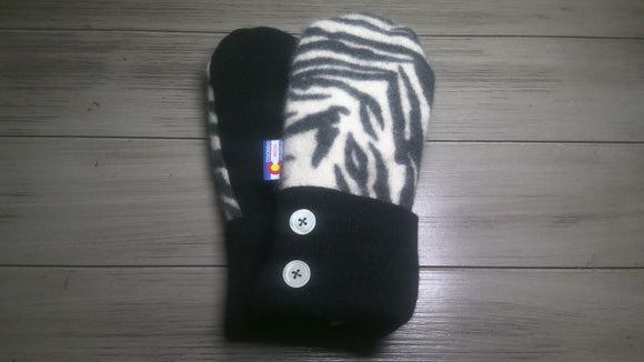 Women's Large Mittens  Black with Stripes