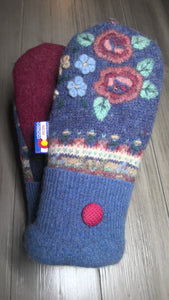 Women's Large Mittens. Blue/Maroon with Flowers